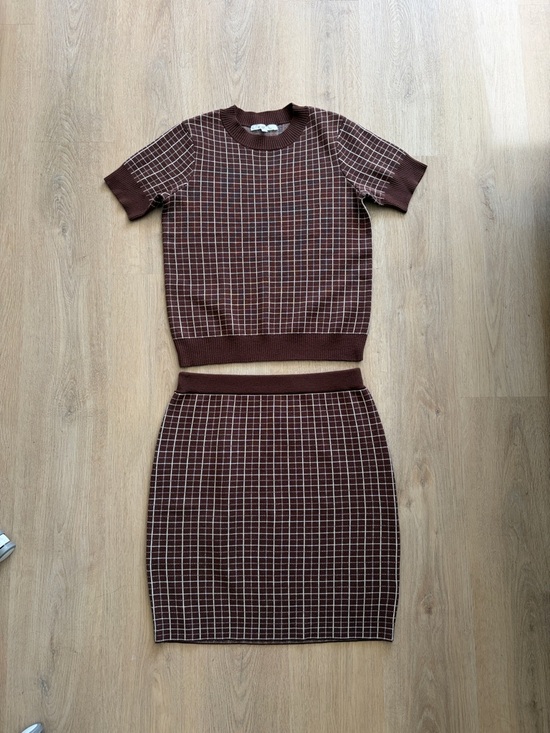 cleo Dresses & Skirts - Brown & White Check Knit Skirt Set Size S/M